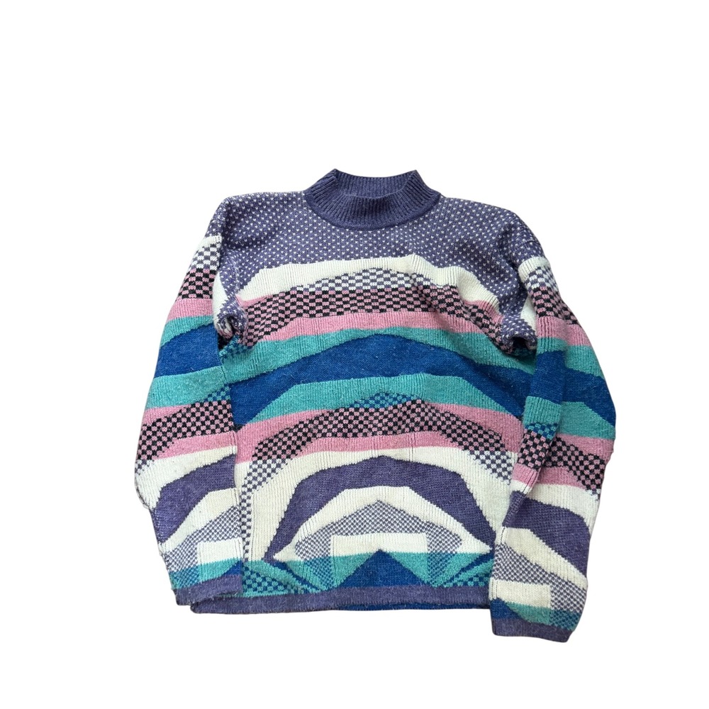 Vintage Keren Abstract Mock Neck Sweater Purple Teal Grannycore Made in USA M